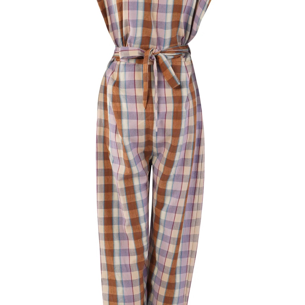 Plaid V-Neck Jumpsuit in Brown & Lavender - Picture 7 of 8